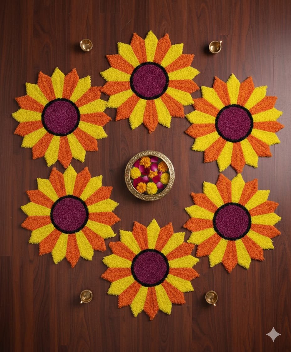 Flower Rangoli Mat, 3 Piece Pack, 12 x 12 inches - Image 2